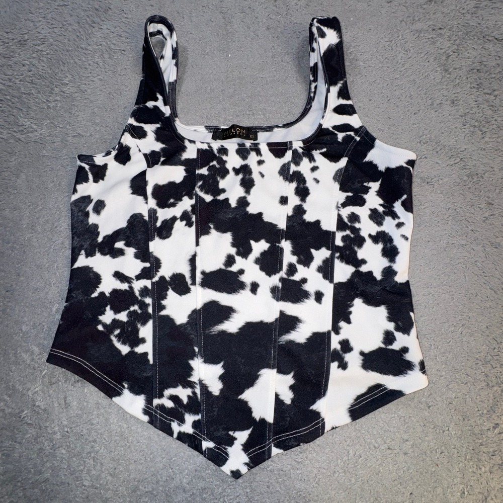 Nylon Apparel Women Cow Print Corset Tank Top L Black White Pointed Hem Stretch